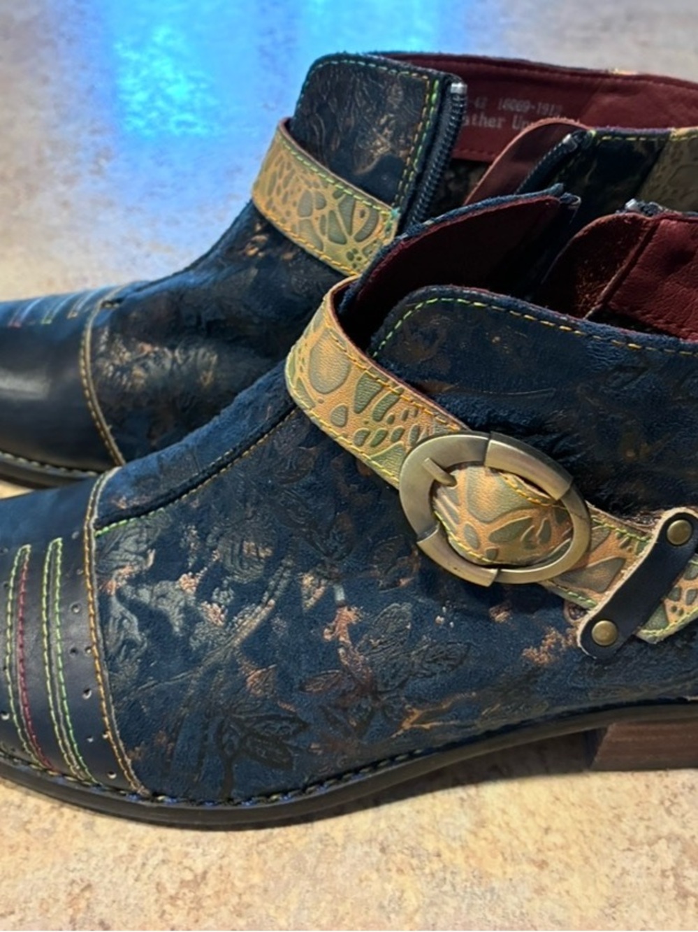 L'Artiste Georgiana Spring Step Navy Multi-color Hand-painted Leather Boots 42